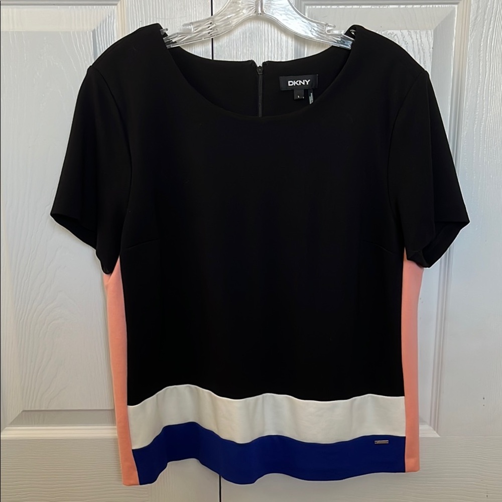 DKNY Women's Colorblock Top - Black, Peach, Blue, and White